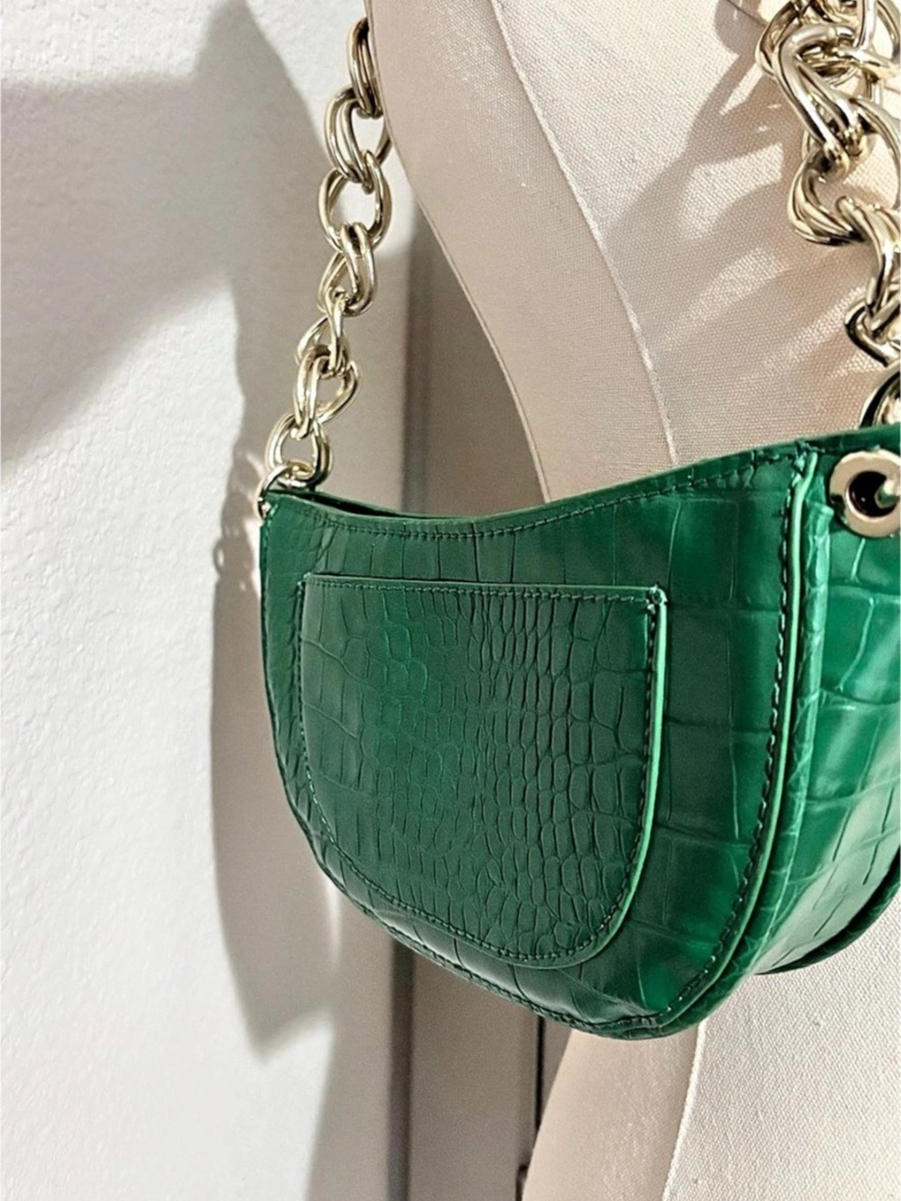 Zara Green Crocodile-Embossed Shoulder Bag